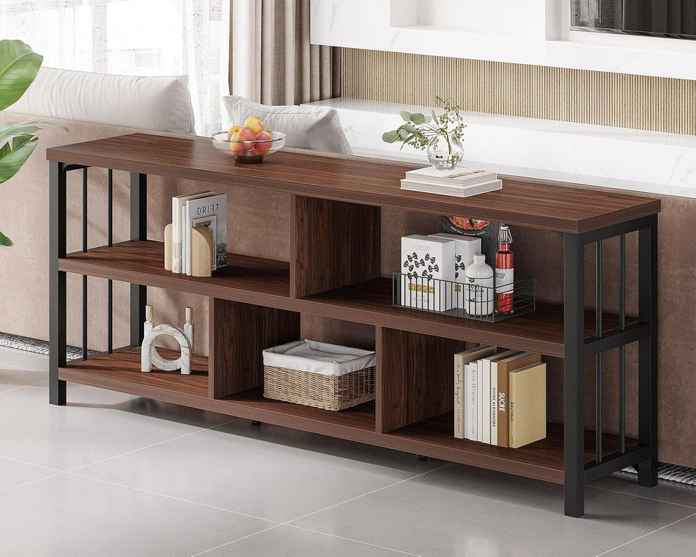 IBF 63” Long Horizontal Bookshelf, Wide Low Open Wood Bookcase, Walnut