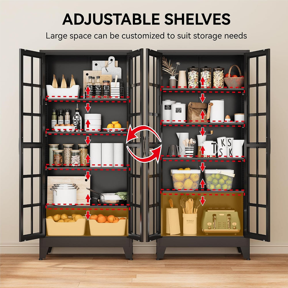 COFaR 71" Black Metal Pantry Cabinet with Glass Doors for Living Room