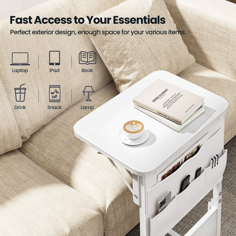 HLDIRECT C Shaped End Table with Charging Station & Storage Bag White
