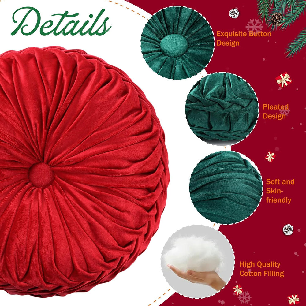 Beeveer 2 Pcs Round Throw Pillows Velvet Pleated Pillows, Red and Green