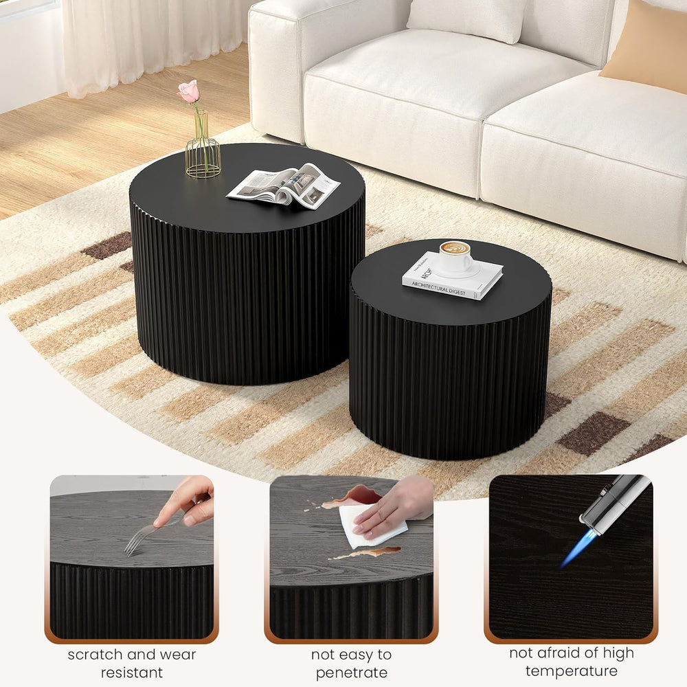 Round Wood Coffee Table Set of 2 Nesting Coffee Tables Black 18.9 inch