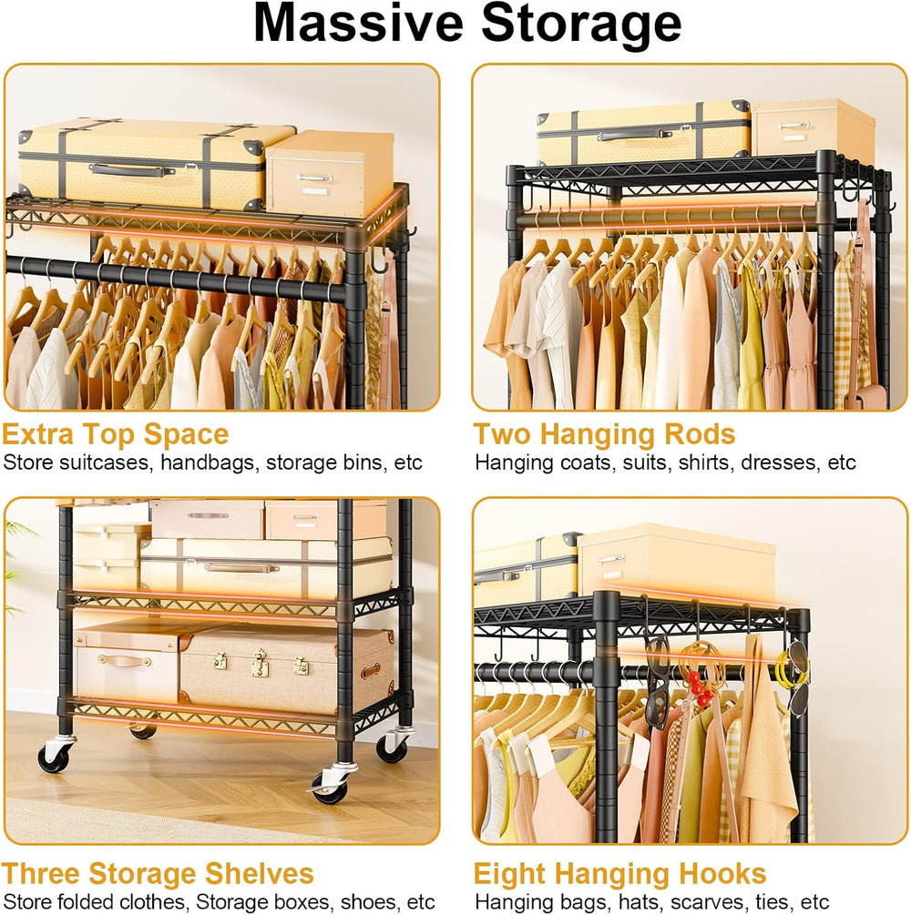 ULIFHOME Clothes Rack, Rolling Clothing Racks for Hanging Clothes, Black