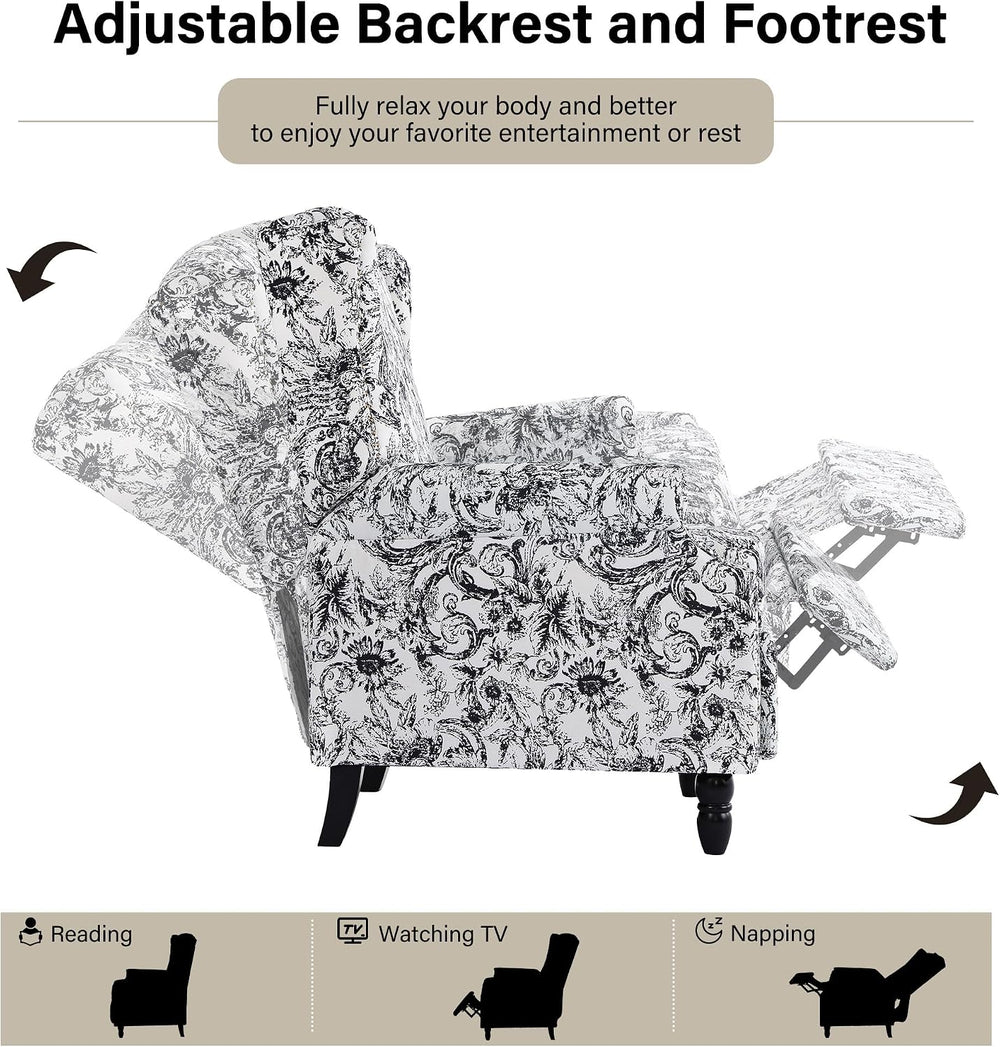 Wingback Floral Pushback Recliner Chair, Rococo Black, Set of 2