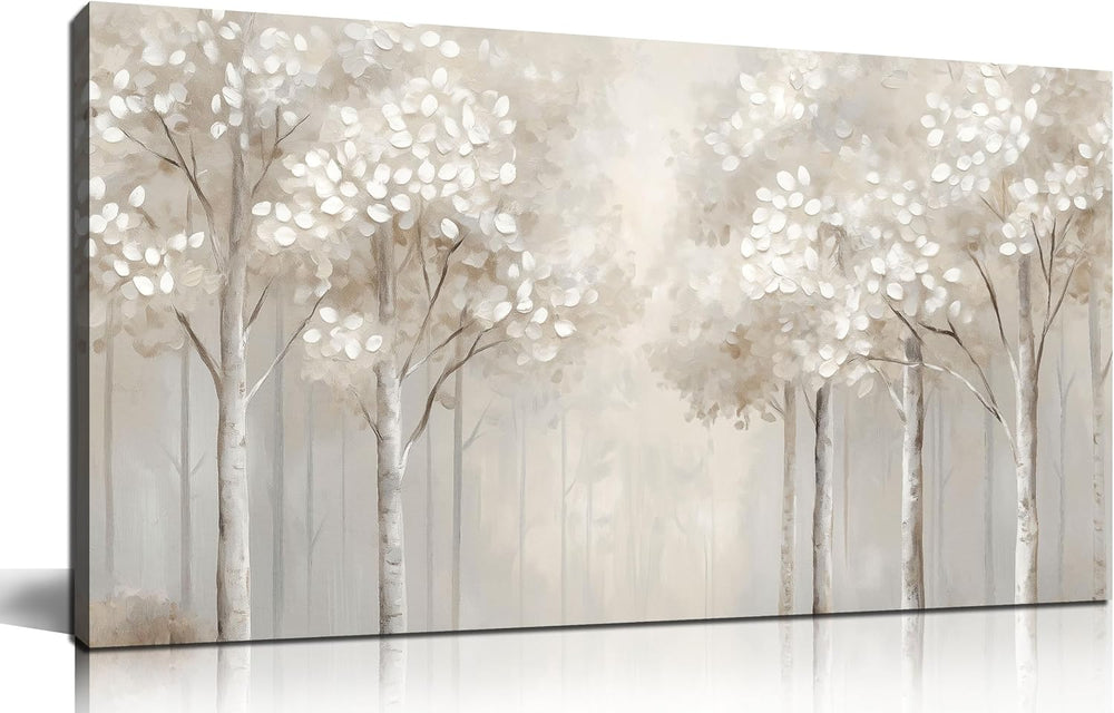 ANCXWOTER Large Forest Wall Art for Living Room Light Grayish-White Misty Bir...