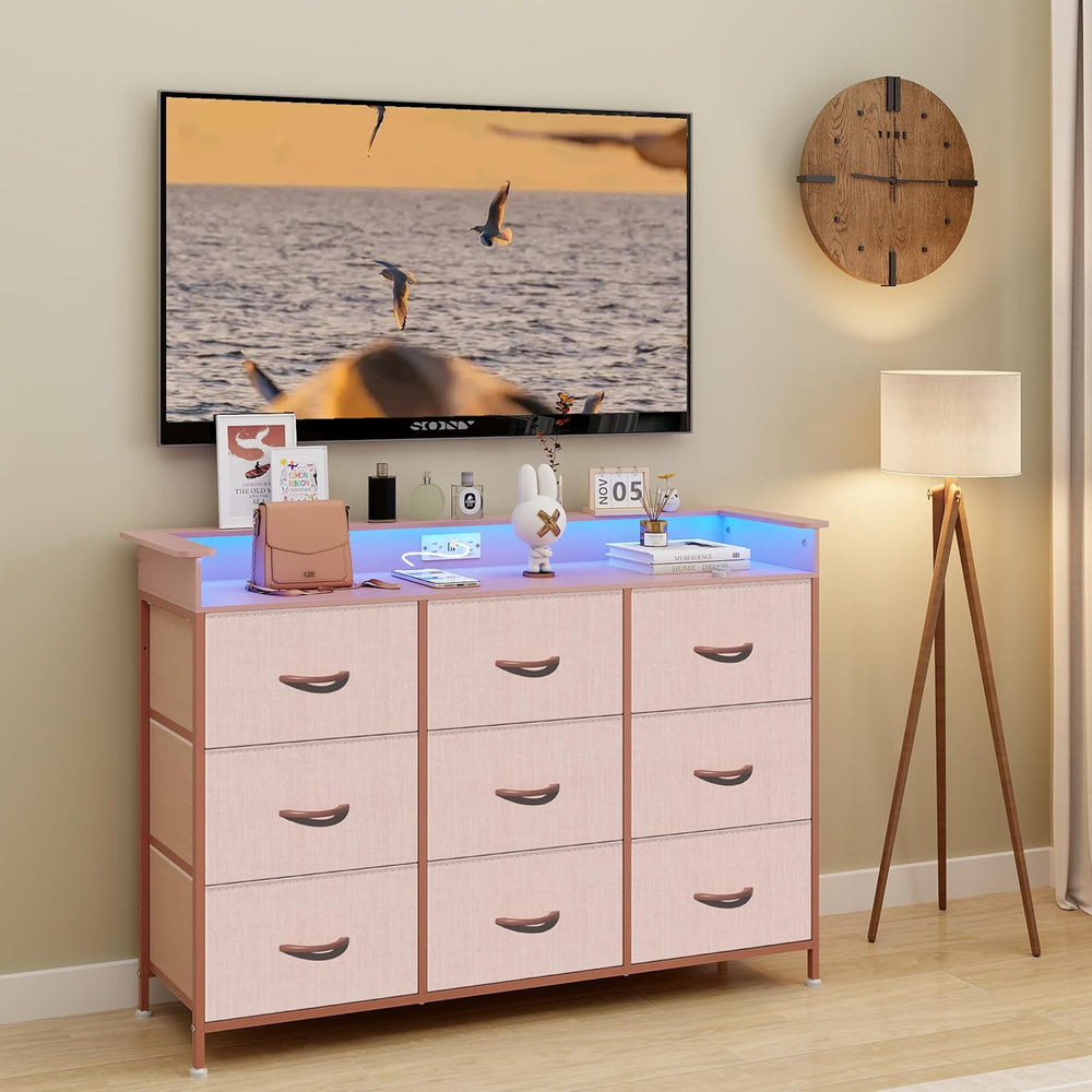 EXOTICA Pink Dresser with LED Light for Girls Bedroom 9 Drawer Dressers with ...