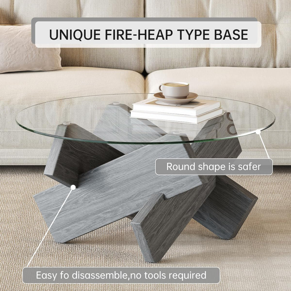 Gray Round Glass Coffee Table,33" Round Coffee Tables for Living Room Cl...
