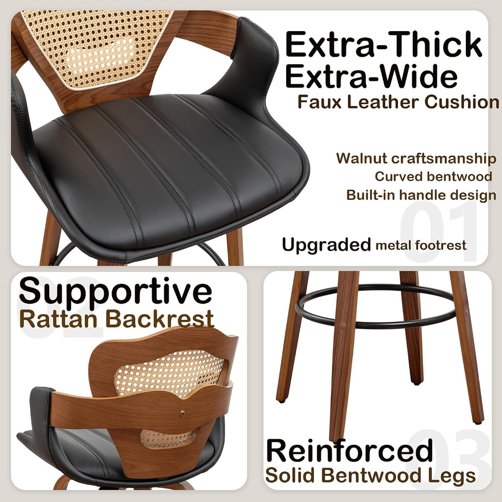WUPOTO Mid-Century Modern Swivel Bar Stools with Supportive Rattan Back &...