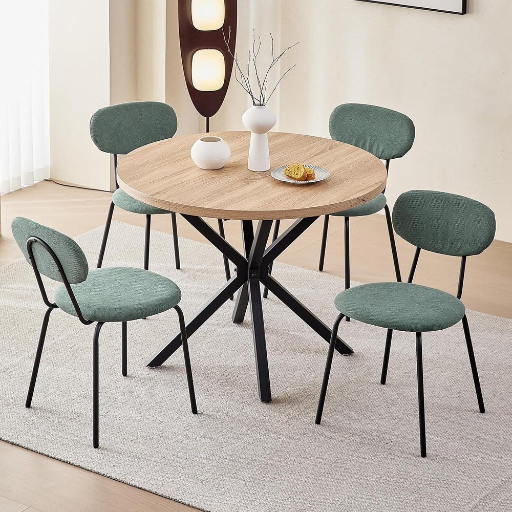 Set of 8 Stackable Dining Chairs with Sage Green Fabric Cushions