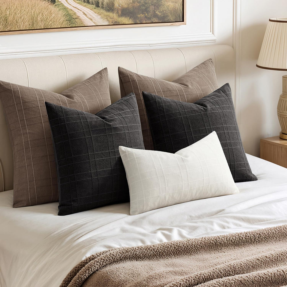 MIULEE Linen Plaid Pillow Covers Fall Decorative Euro 24x24 Brown