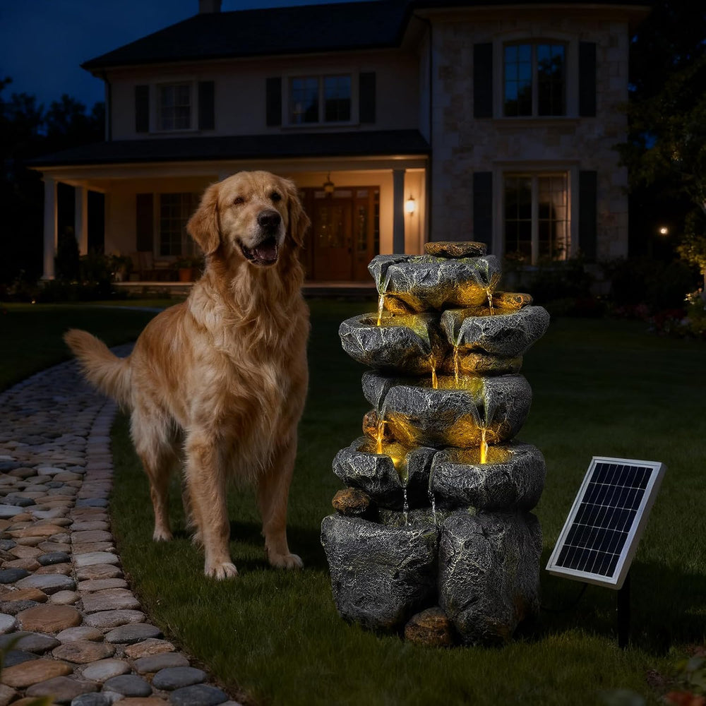 24" Tall Solar Powered Water Fountain Cascading Rock Waterfall