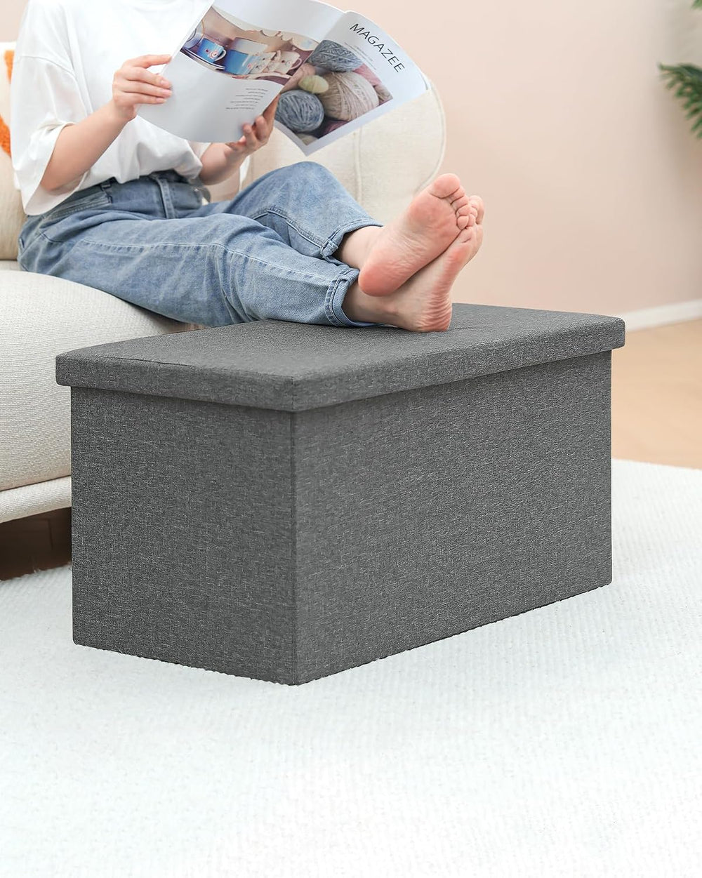 B FSOBEIIALEO Storage Ottoman Bench with Tray, 30" Folding Linen Chest,Grey