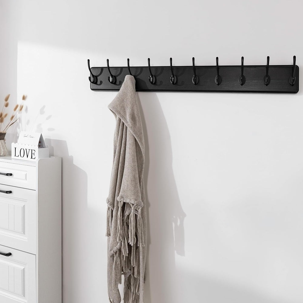 SKOLOO Rustic Wall Mounted Coat Rack, 10 Hooks, 38", Solid Wood, Black