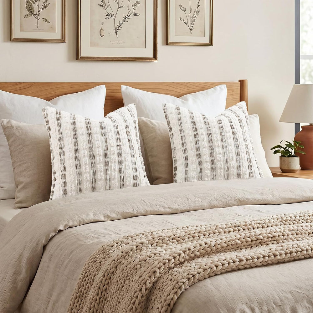 decorUhome Chenille Tufted Stripe Throw Pillow Covers 20x20 Set of 2 Beige