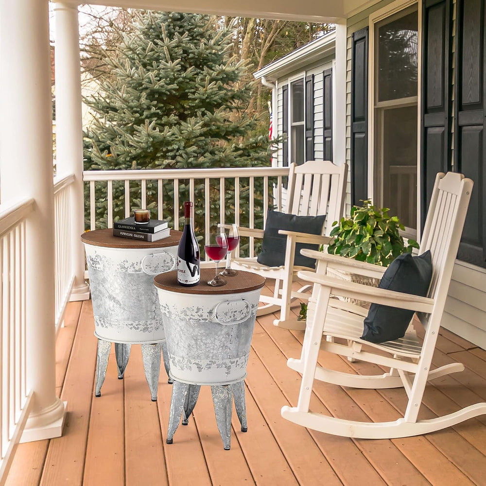 RUSTOWN Farmhouse Side Tables Set of 2, Galvanized Metal Bucket End Table