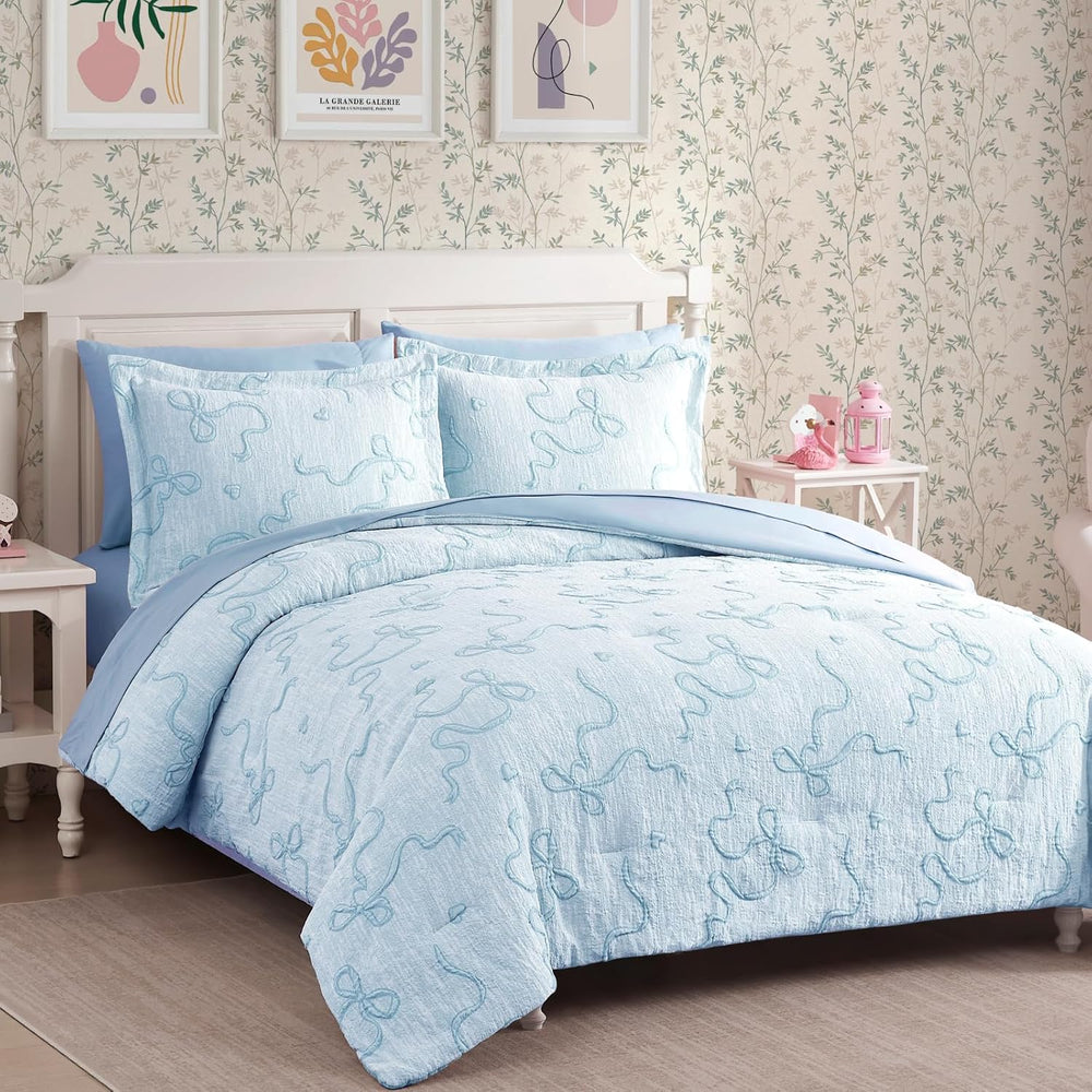 Full Size Comforter Sets for Girls - 7 Pieces Bow Bedding Set Bed in a Bag
