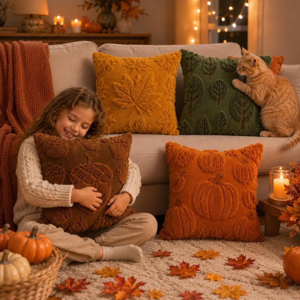 Tiamon 4 Pcs Fall Throw Pillow Covers 18 x 18 Inch Embroidered Pillow Cases