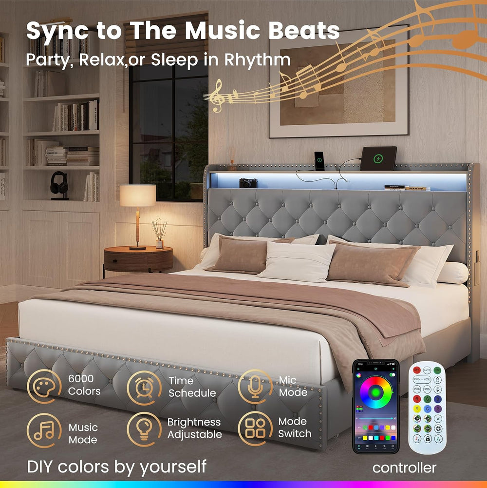 LARMACE King Bed Frame with 4 Storage Drawers, LED & Charging Station
