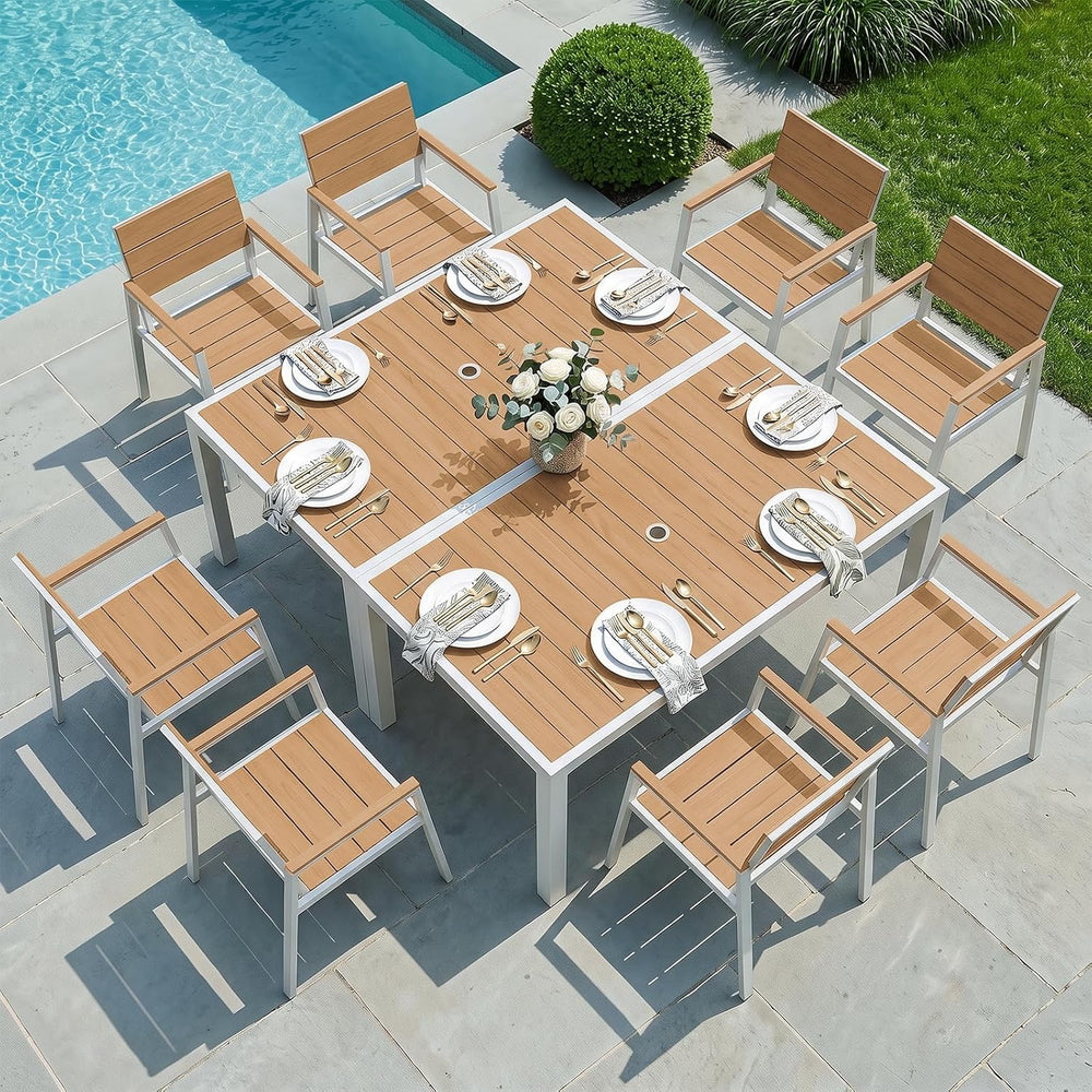 Vexwalx 10 Pcs Outdoor Dining Set, 67" HDPS Dining Set for 8, White-Teak