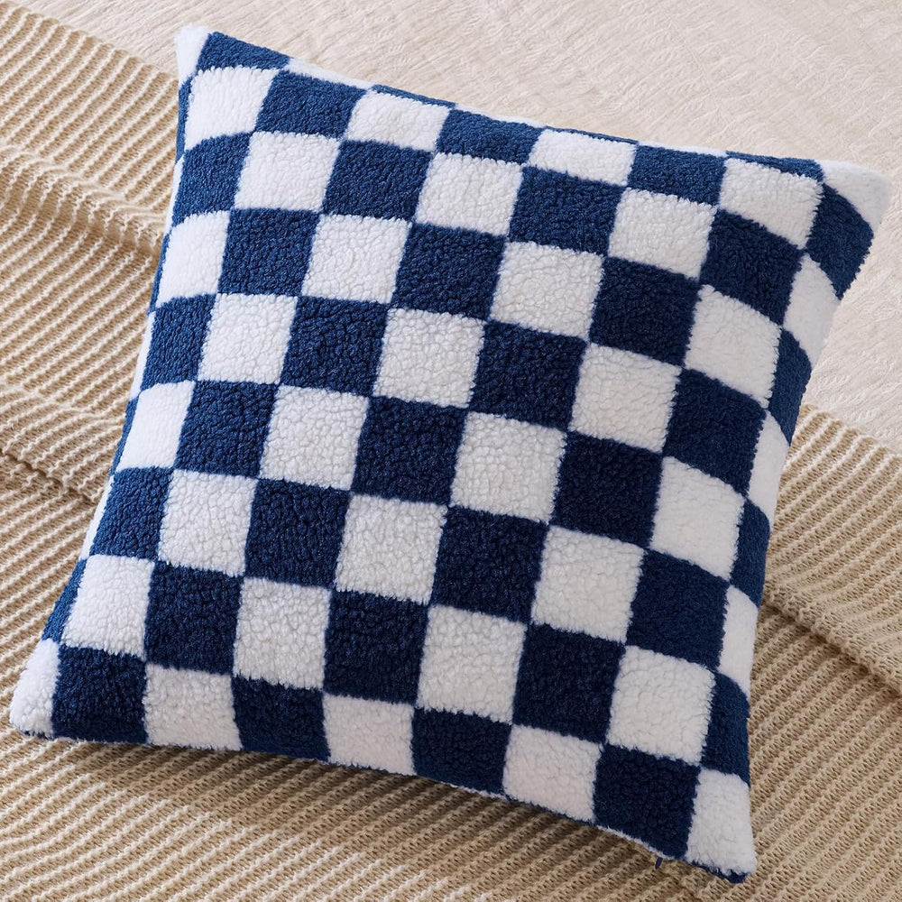 AmHoo 2 Pack Checkerboard Throw Pillow Covers 24x24 Inch Navy Blue