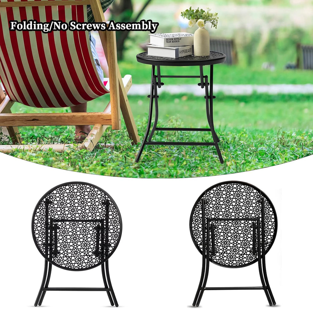 TeoKJ Folding Small Outdoor Side Table, No Assembly Patio Metal Desk, Black