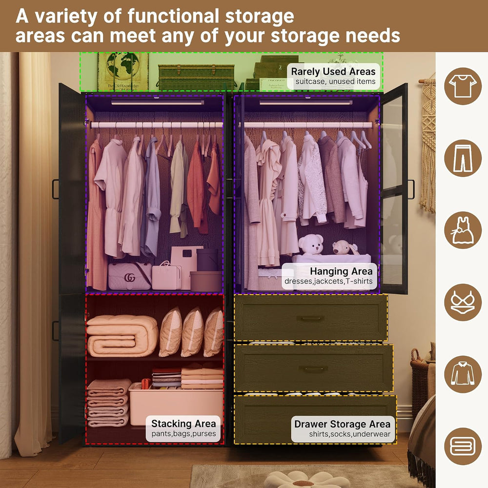75" Tall Farmhouse 4 Doors Armoire Wardrobe Closet with 3 Drawers and LE...