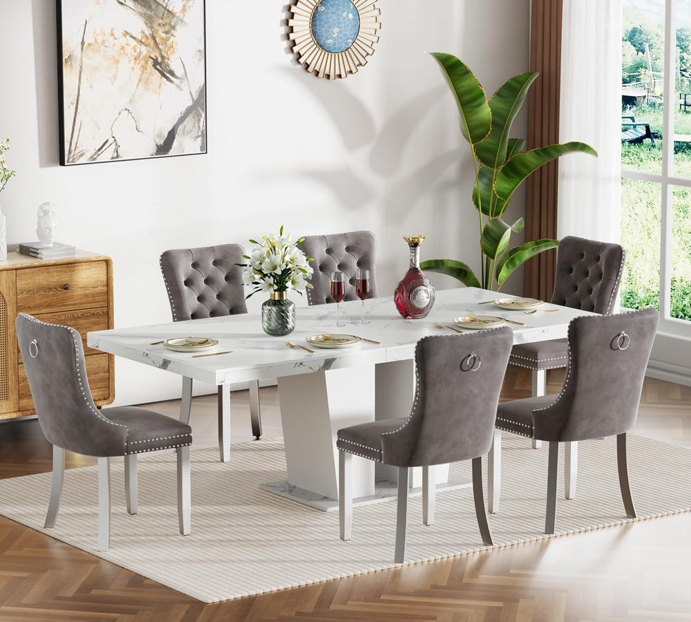 White Faux Marble Dining Room Table Set for 6, 7-Piece 63"-78.74" E...