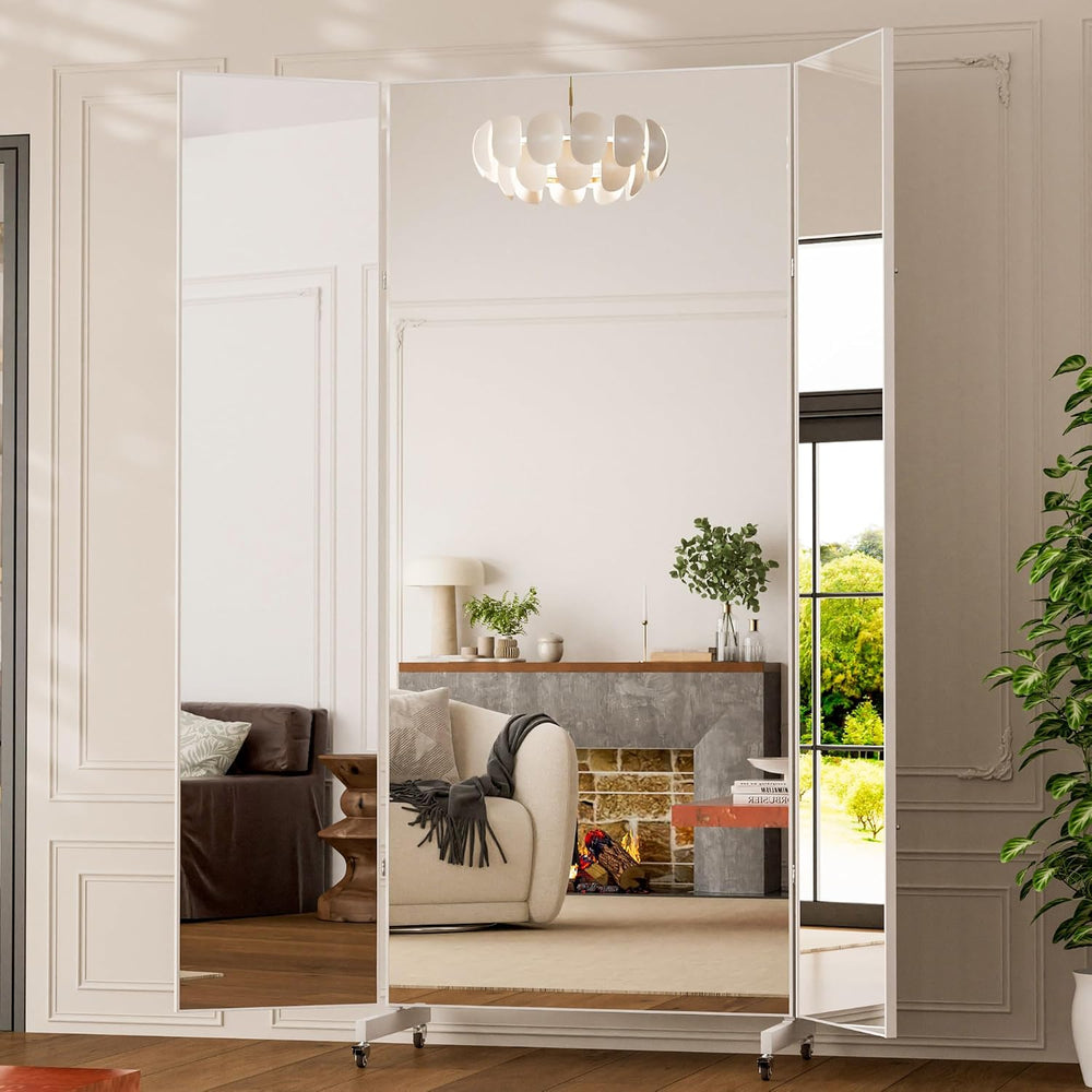 brisafe Tri-Fold Full Length NanoMirror with Wheels, 71 x 71 in, White