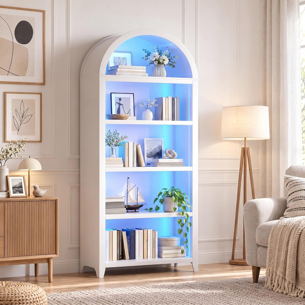 5-Tiber Arched Bookcase with 3-Color Lights & Motion Sensor, White