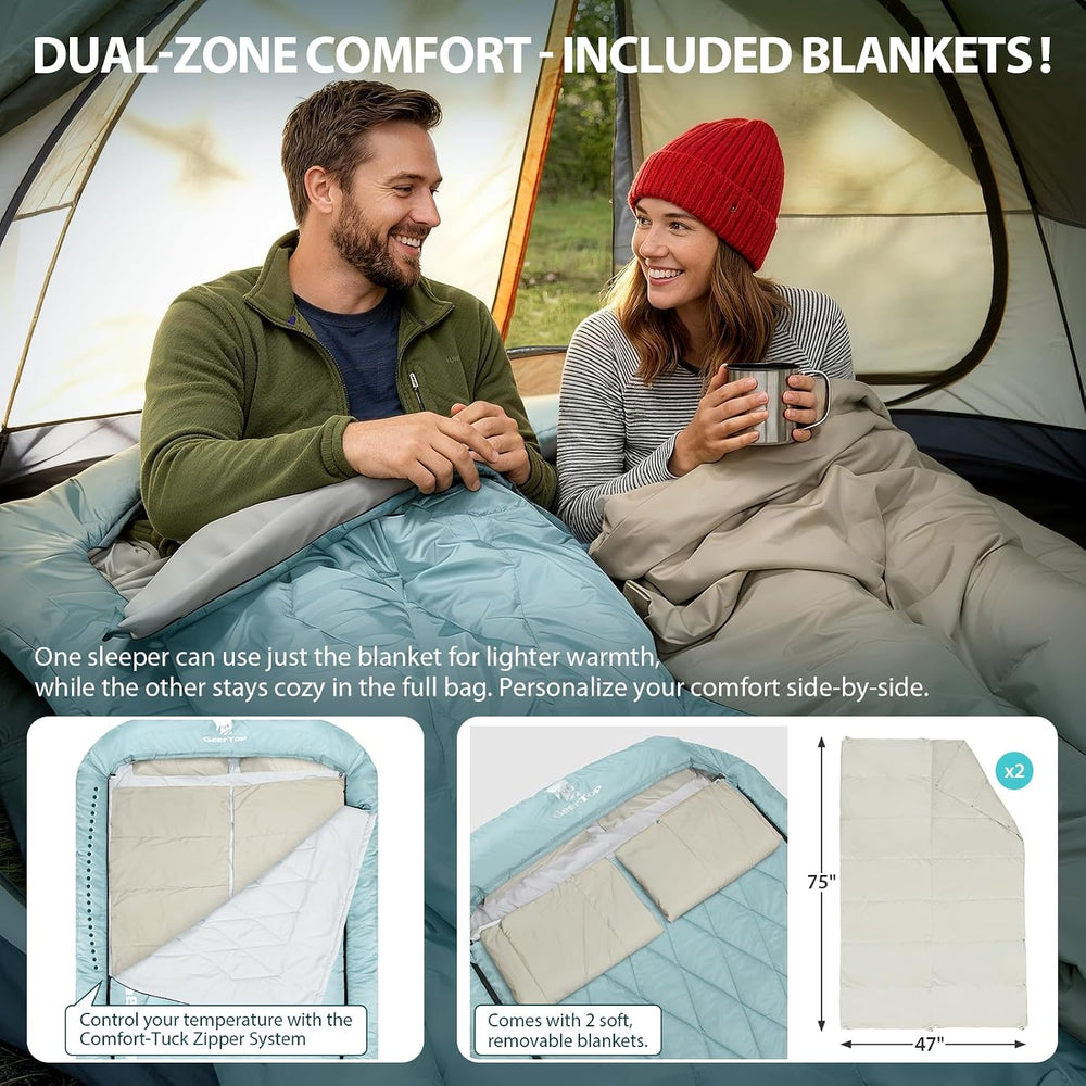 GEERTOP Double Sleeping Bag with Blanket, Queen Size for Couples & Adults
