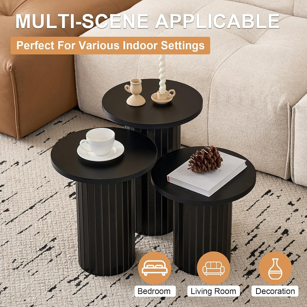 3-Piece Nesting Coffee Table Set Small Round Side Tables, Black