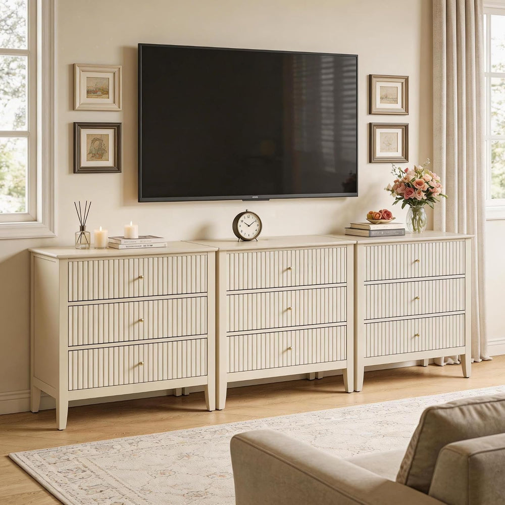 RoyalCraft Fluted 3 Drawer Dresser, 32" Wide Nightstand for Bedroom, Beige