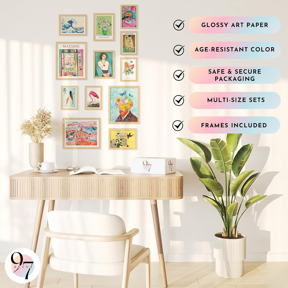 Eclectic FRAMED Wall Art, Retro Colorful Prints for Bedroom, BEIGE FRAME