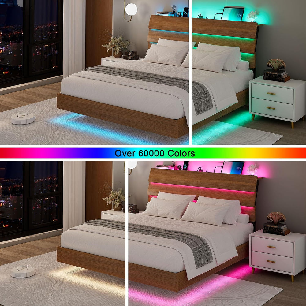 Feonase Floating Bed Frame Full with Led Lights and Charging Station, Wood Fu...