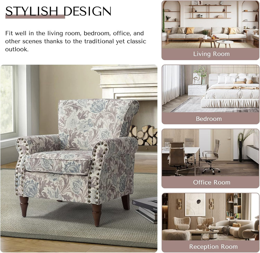 HULALA HOME Traditional Floral Accent Chair with Solid Wood Legs, Grey