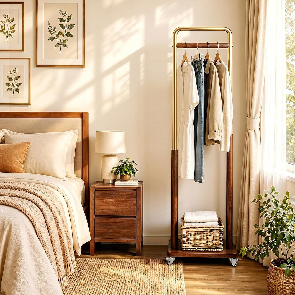 Taitiy Solid Wood Coat Rack with Wheels, Freestanding for Entryway