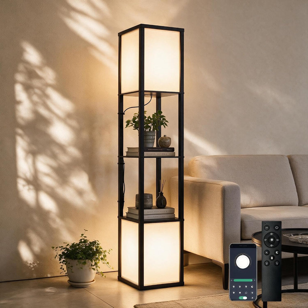 Dual Head Floor Lamp with Shelves, Dimmable, Remote, for Living Room
