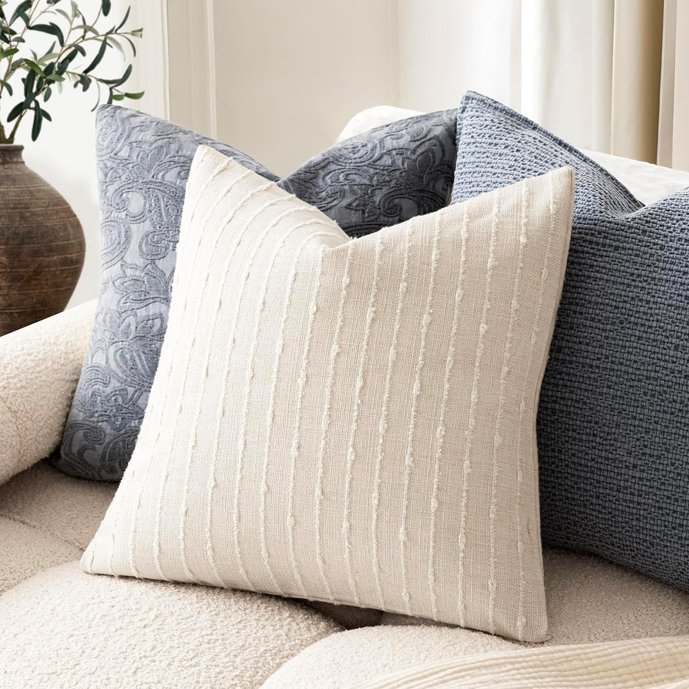 Foindtower Decorative Striped Boucle Throw Pillow Covers 22x22 Cream White