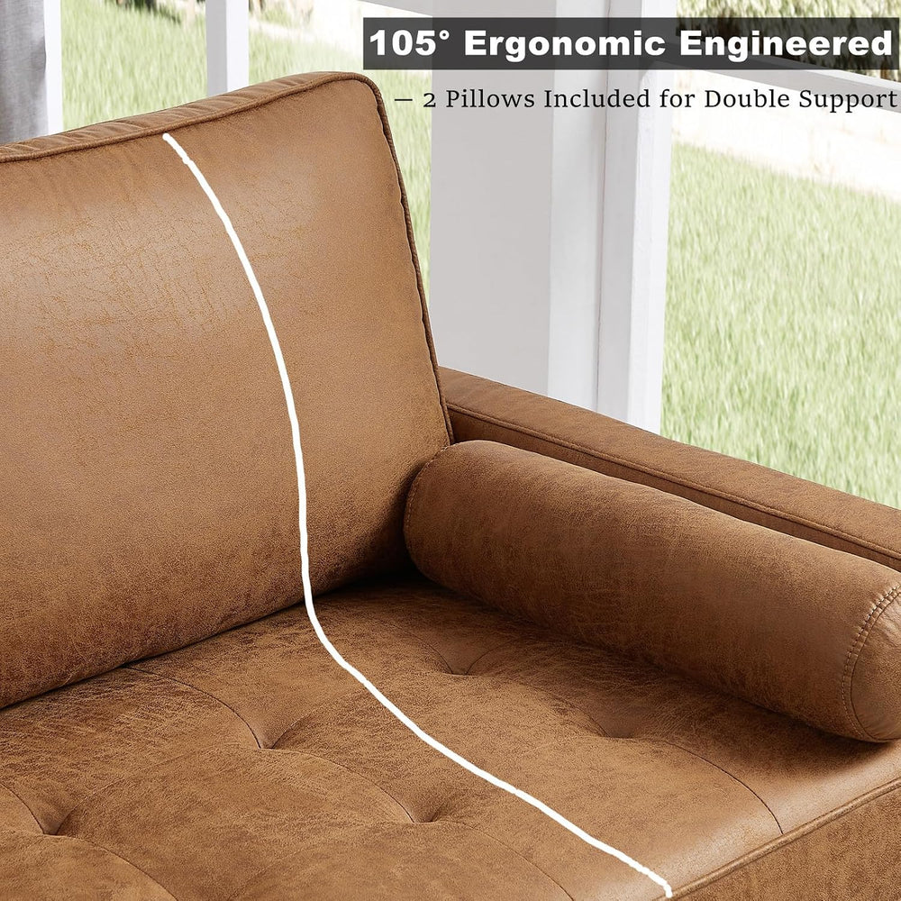HIFIT 57" Loveseat Sofa Couch, Mid Century Modern Faux Leather Couch, Brown