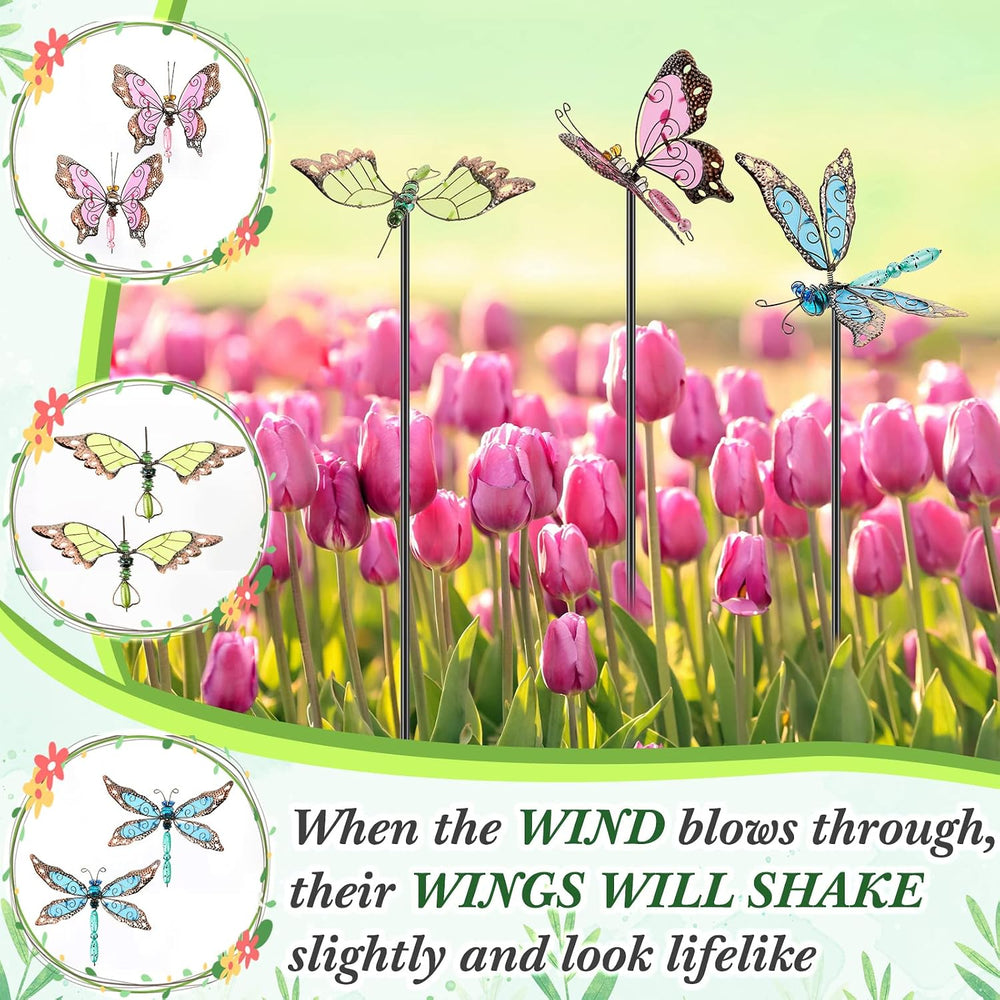 6 Pcs Metal Butterfly Garden Stakes Decor 34 Inch Dragonfly Hummingbird Butte...