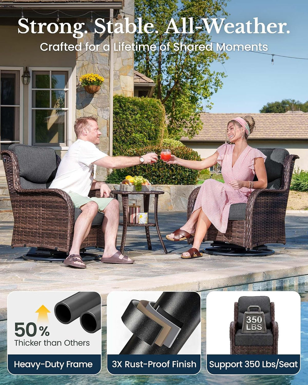 HILLGA 3-Piece Luxury Patio Furniture Set with 6" Thick Cushions, Weathe...