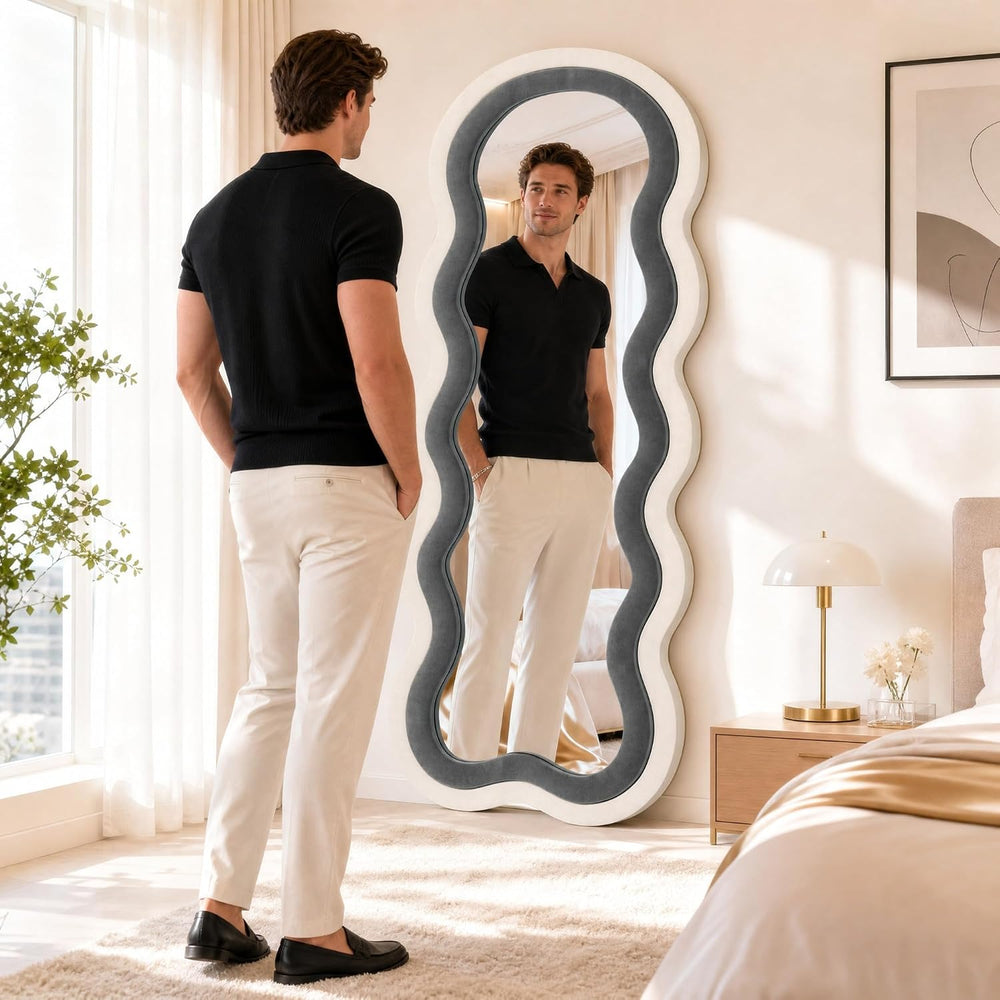 Wavy Full Length Mirror 63"x24", Black and White Velvet Frame