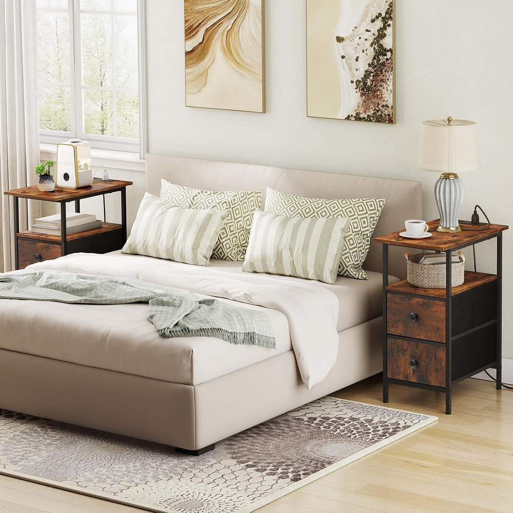 HOOBRO End Table with Charging Station, Set of 2 Narrow Side Tables, Nightsta...