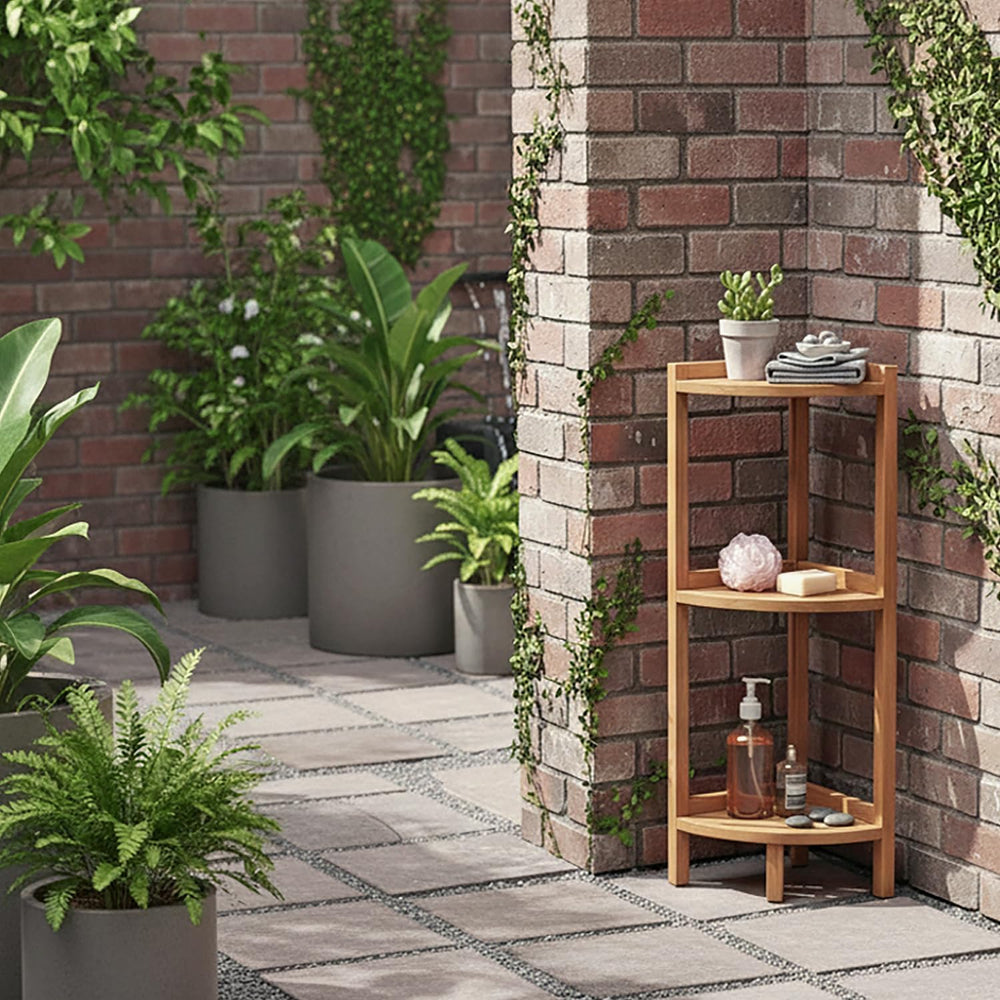 Asta SpaTeak Avila Solid Teak 3-Tier Bathroom Free Standing Corner Shelf, Ful...