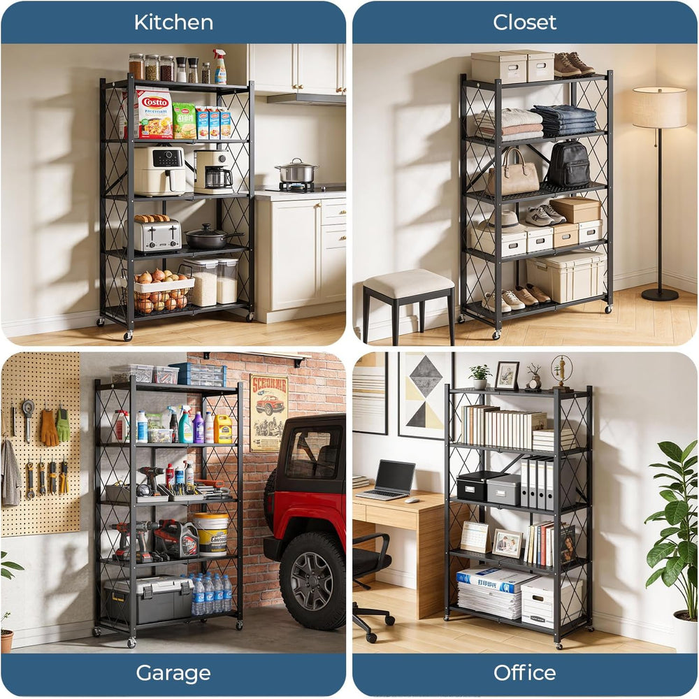 5-Tier Folding Metal Storage Rack - 63" Heavy-Duty Steel Frame with Whee...