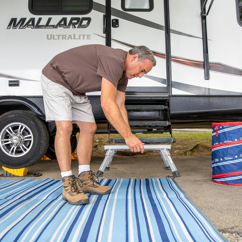 Camco Folding Aluminum Step Stool, Adjustable Height for RV and Trailers, Sil...