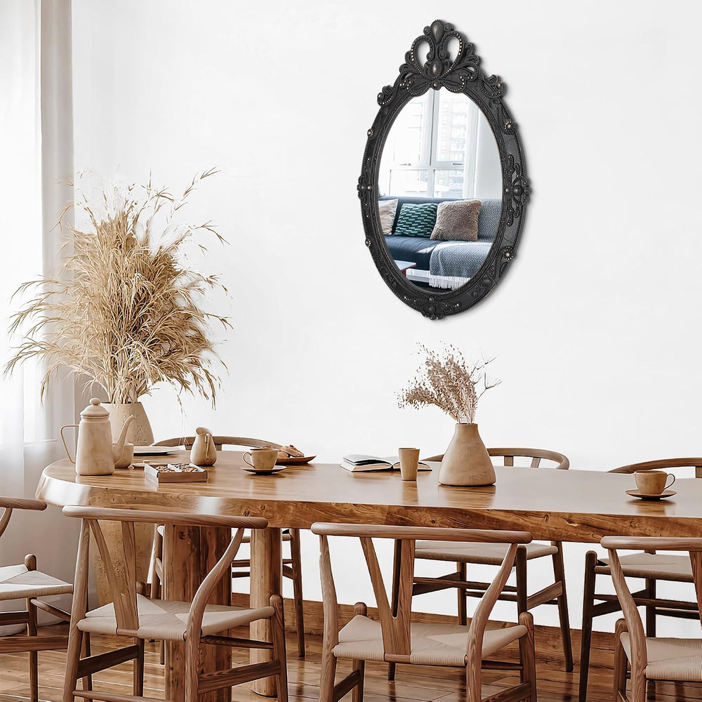 Vintage Black Hanging Mirror, Oval Carved Wood Frame Wall Mounted Mirrors