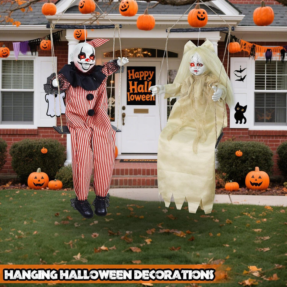 2 Pack Hanging Halloween Decorations Outdoor Swinging Clown & Girl Ghost