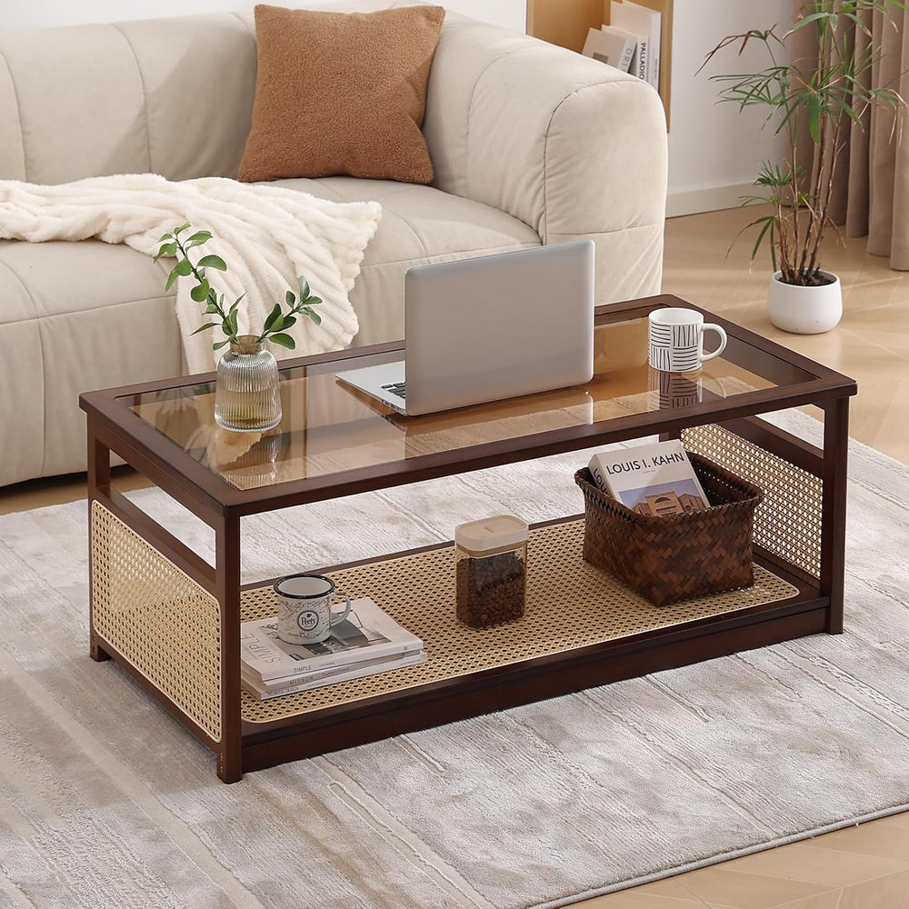 Welnow Rattan Coffee Table, 2-Tier Mid Century Modern Coffee Table, Walnut