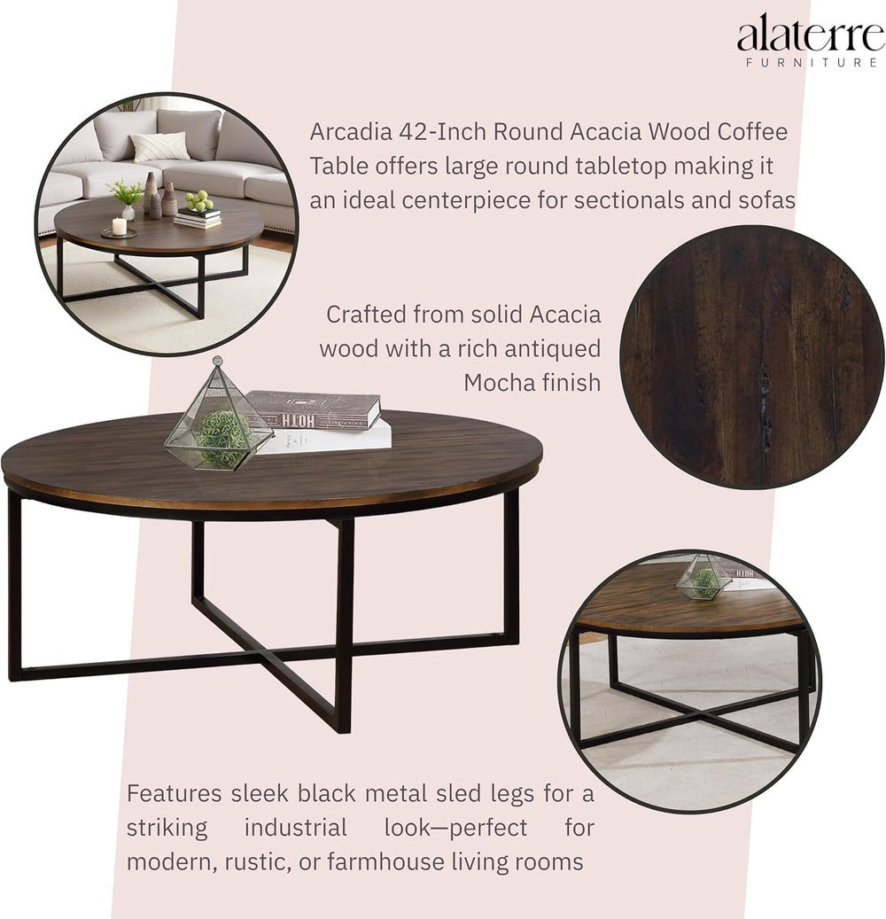 Alaterre Furniture Arcadia Round Acacia Wood Coffee Table, Mocha, 42”x18”
