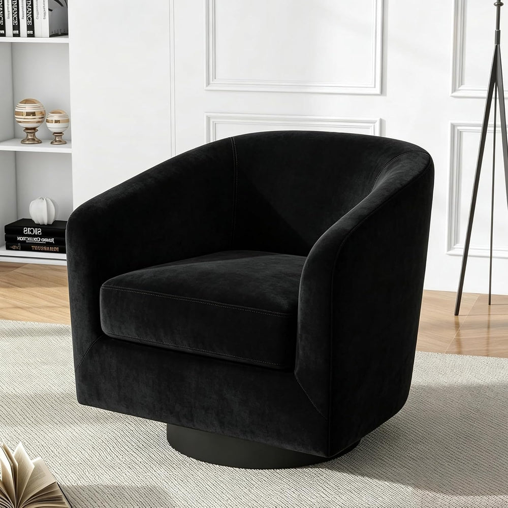 Swivel Barrel Accent Chair, Velvet Upholstered Armchair, Black